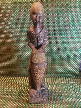 Hand-Carved Brown Wood Tribal Drummer Sculpture - Home Art Decor